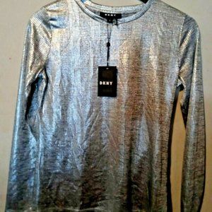 DKNY Women's Silver Metallic Long Sleeve Jewel Neck Blouse Size: XS